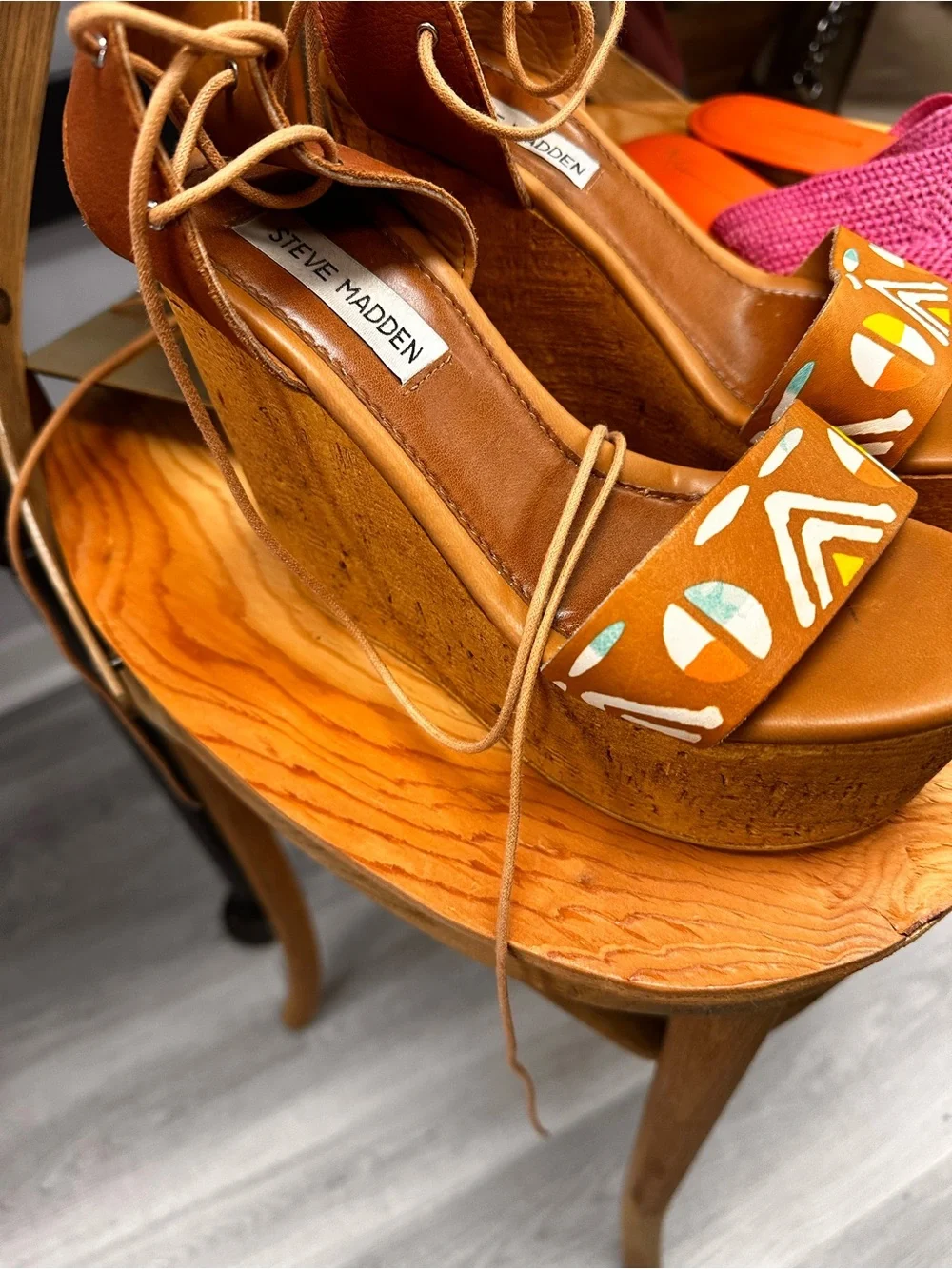 Steve Madden Brown Cork Platform Lace-Up Wedge Sandals with Painted Accents S 7